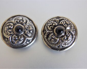 Vintage Embossed Silver Black Cabochon Clip On Button Earrings