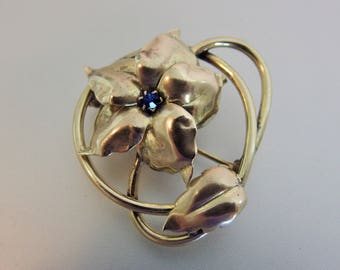 vintage Brass Floral Blue Rhinestone Broche