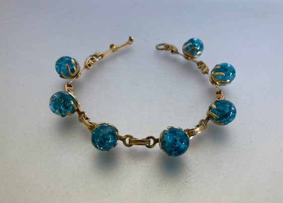 Vintage Teal Blue Glass Sphere Link Bracelet - image 3