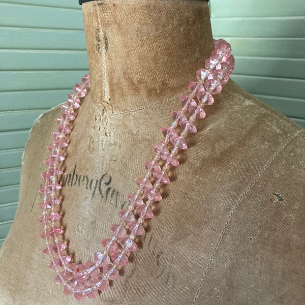 Vintage 1950's Pink Acrylic Bead Necklace Hong Kong