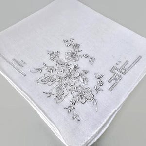 Vintage White Cotton Embroidered Floral Hankie