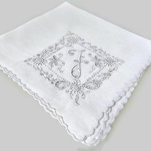Vintage White Cotton Gray  Embroidered Initial F Hankie