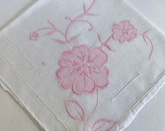 Vintage witte katoenen roze bloemen stoffen zakdoek