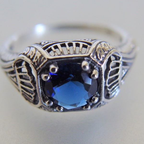 Vintage Edwardian Style Sterling Filigree Sapphire Ladies Ring