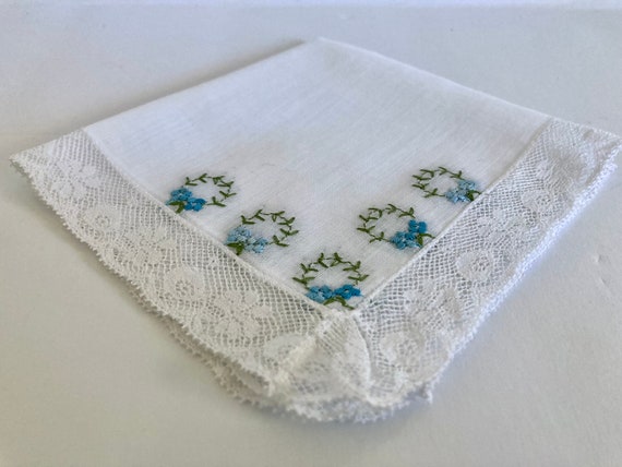 Vintage White Cotton Blue Embroidered Hankie - image 1