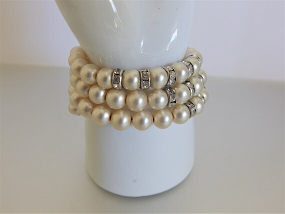 Vintage Faux Pearl and Rhinestone Wire Bracelet - image 7