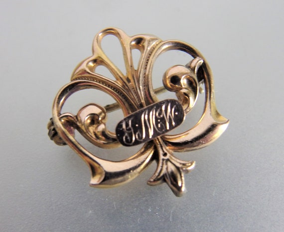 Antique Edwardian 10K GF Watch Pin Monogram JMW B… - image 1