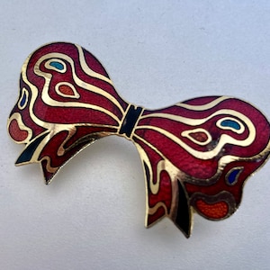 Vintage Deep Red Enamel Bow Brooch