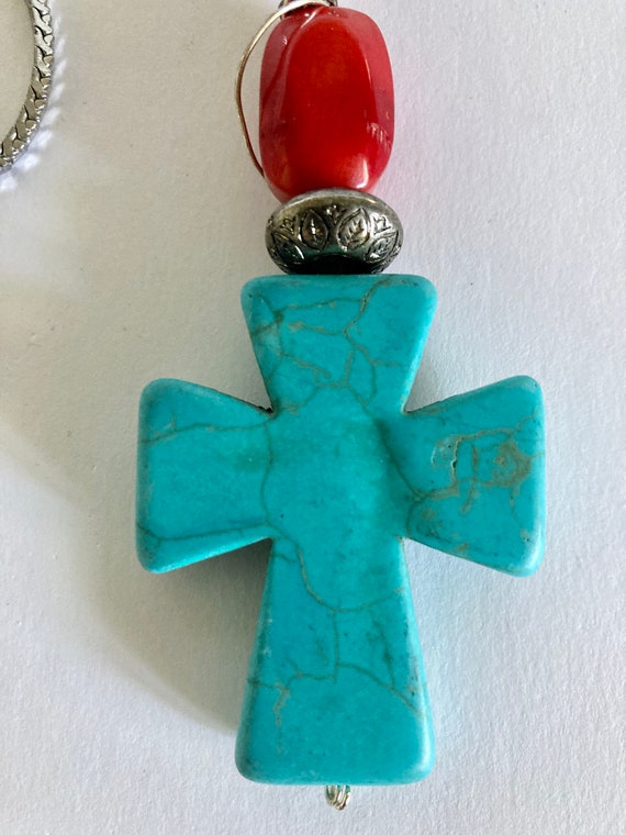 Vintage Faux Turquoise and Coral Pendant Necklace - image 4