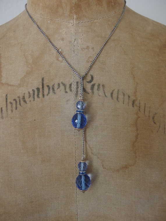 Vintage 1930's Blue Glass Lariat Necklace - image 1