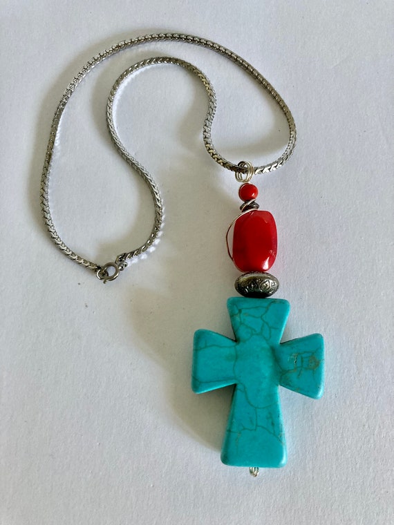 Vintage Faux Turquoise and Coral Pendant Necklace - image 2