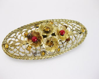 Vintage 1930's Deco Era Rhinestone & Brass Filigree Brooch