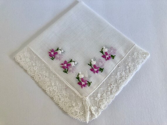 Vintage White Cotton Lace Purple Embroidered Hank… - image 6