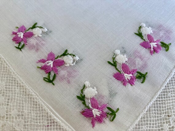 Vintage White Cotton Lace Purple Embroidered Hank… - image 10