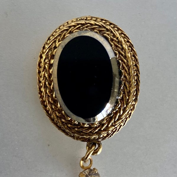 Vintage 1990's Black Glass Oval Ladies Brooch