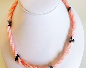 Vintage Pink Glass and Hematite Heart Bead Twisted Necklace