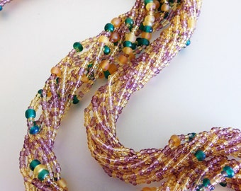 Vintage 1960 Multi Strand rosa Gold blau Glas Rocailles Perle verdreht Halskette