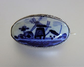 Vintage Oval Delft Porcelain Blue and White Landscape Sterling Pin