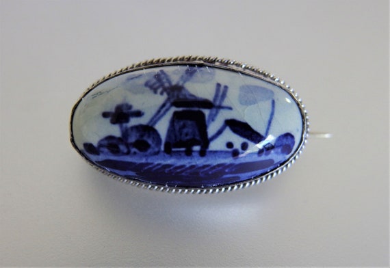 Vintage Oval Delft Porcelain Blue and White Lands… - image 1