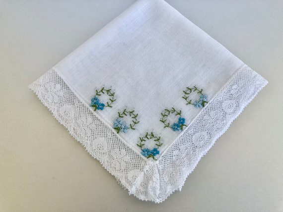 Vintage White Cotton Blue Embroidered Hankie - image 2
