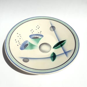 May include: A round, off-white ceramic plate with a decorative design. The plate features a blue and green floral pattern with a blue and green striped border. The design includes stylized flowers and geometric shapes.