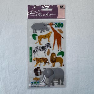 Feuille d'autocollants vintage Sticko animaux de zoo - coloré et détaillé, objet de collection, fournitures créatives - scellé - éléphant girafe tigre lion ours NSA