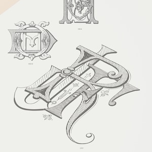 May include: A collection of five antique monogram designs featuring three initials intertwined. Each design is unique and features a crown at the top. The text "CUSTOM ANTIQUE MONOGRAM" and "THREE INITIALS INTERTWINED" is at the top of the image. The text "A unique monogram custom designed from antique graphics" is in the centre of the image.