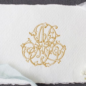 May include: A gold monogram design on a white paper with torn edges, accompanied by black scissors, a spool of gray ribbon, a sprig of white flowers, and a ribbon. The items are arranged on a gray surface.