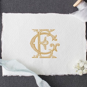 Puede incluir: Un monograma dorado con las letras "E" y "C" entrelazadas en una fuente de letra decorativa. El monograma está en un trozo de papel blanco con una cinta azul claro y un carrete de cinta en el fondo.