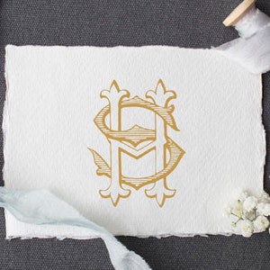 Puede incluir: Un monograma dorado con las letras "HS" entrelazadas en una fuente de letra cursiva decorativa. El monograma está en una hoja de papel blanca con una cinta azul claro y un carrete de cinta en el fondo.