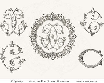 Antique Monogram Graphic set The Beth Neumann Collection Symmetry C Wreath Crest