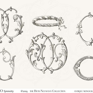 May include: A set of six antique monogram designs featuring ornate, swirling flourishes. The designs are in black and white and are perfect for adding a touch of elegance to any project.