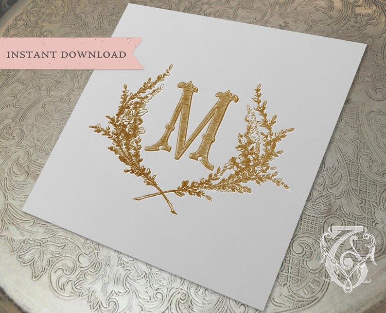 Vintage Wedding Initial Crest M Garden Wreath Digital Download