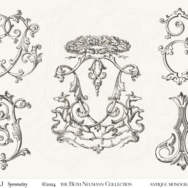 Antique Monogram Graphic set The Beth Neumann Collection Symmetry J crest