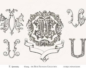 Antique Monogram Graphic set The Beth Neumann Collection Symmetry U monogram crest