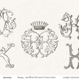 Set grafico monogramma antico Collezione Beth Neumann Simmetria K corona stemma
