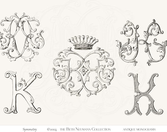Antique Monogram Graphic set The Beth Neumann Collection Symmetry K crown crest