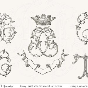 May include: A set of six antique monogram designs featuring ornate, stylized letters with intricate flourishes and scrolls. The designs include a crown, a banner, and various letter combinations. The text "T Symmetry", "©2024 The Beth Neumann Collection", and "Antique Monograms" is included in the image.