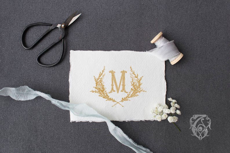 Vintage Wedding Initial Crest M Garden Wreath Digital Download