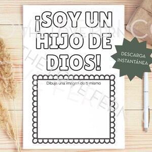 May include: A black and white printable sheet with the Spanish text "¡SOY UN HIJO DE DIOS!" and a space to draw a picture. A green star-shaped tag reads "DESCARGA INSTANTÁNEA". A pen and gift box are also visible.