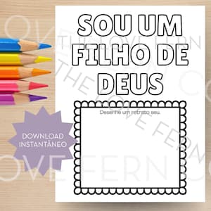 以下が含まれることがあります： 「SOU UM FILHO DE DEUS」の黒い文字が書かれた白い印刷可能なシートで、肖像画用の空白のフレームが付いています。色鉛筆のセットと、「DOWNLOAD INSTANTÂNEO」という言葉が入った紫色のスターバーストグラフィックが含まれています。