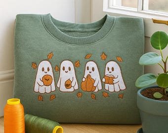 Broderad tröja med spökhöst, broderad huvtröja med spökpumpa, läskig säsong, presenter till Halloweenälskare, spök- och pumpahalsduk