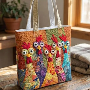 May include: A vibrant quilted tote bag with six rooster appliqués. The roosters have red combs, yellow beaks, and large eyes. The bag features a patchwork design with orange, green, and blue panels and cream-coloured handles.