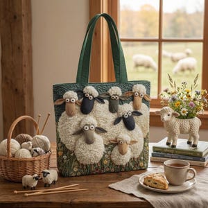 May include: A green tote bag with a sheep design, a basket of yarn, and a ceramic sheep planter filled with flowers sit on a wooden table. The bag features several sheep with white wool and black faces. A cup of tea and a scone are also on the table.