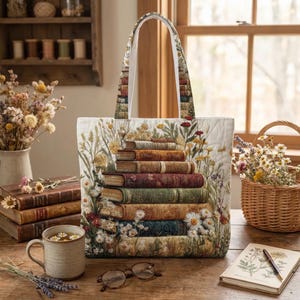 Vintage Book Quilted Tote Bag, Floral Book Stack Tote, Library Patchwork Tote Bag, Book Lover Fabric Tote, Reader Gift Quilt Bag