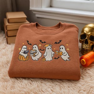 Ghost Book Embroidered Sweatshirt, Ghost Reading Books Sweatshirt, Fall Book Club Crewneck, Book Lover sweatshirt, Cute Halloween shirt