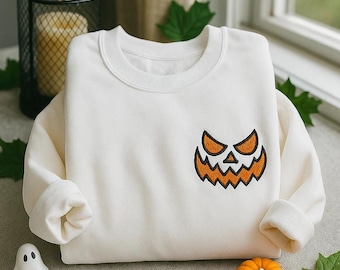 Halloween Pumpkin Face Embroidered Sweatshirt, Embroidered Jackolantern Pullover, Tonal Spooky Season Sweater, Trendy Fall Apparel, Unisex