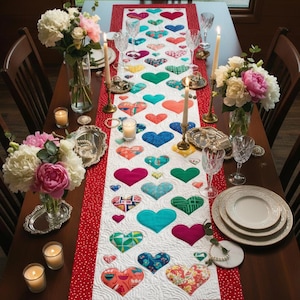 以下が含まれることがあります： 赤と白のハート模様のテーブルランナーが特徴の、特別な日のためのダイニングテーブル。 テーブルには、花、キャンドル、エレガントな食器が飾られ、お祝いの雰囲気を醸し出しています。