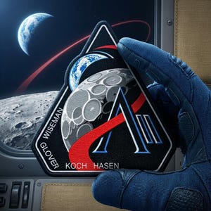 Retro rymdmissionspatch, astronautinspirerad design, vintage galaxlogotyp, present till rymdälskare