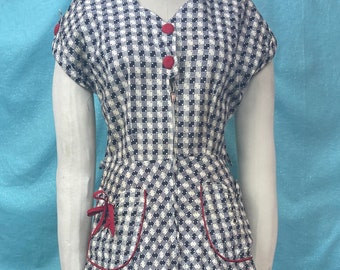 1940s/1950s W:28 Novelty Dice Checker Plaid Day Dress. Cotton Front Zip Red Trim Scallop Neckline.